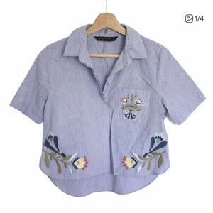 Zara Blue Striped Embroidered Blouse
